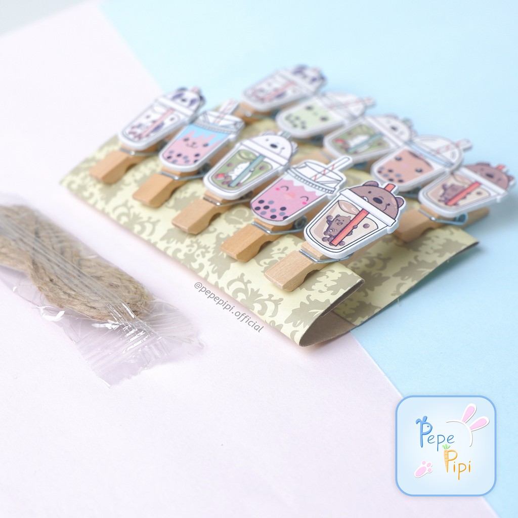 10 pcs Jepitan Foto BOBA WBB Bubble We Bare Bear Polaroid  1set  dan tali Gantungan Kayu Wooden Clip