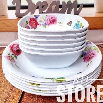 PROMO 12.PCS ISI 6.PIRING MAKAN 6.MANGKOK SAYUR MOTIF ROSE BAHAN MELAMINE WARE TEBAL DAN KUAT