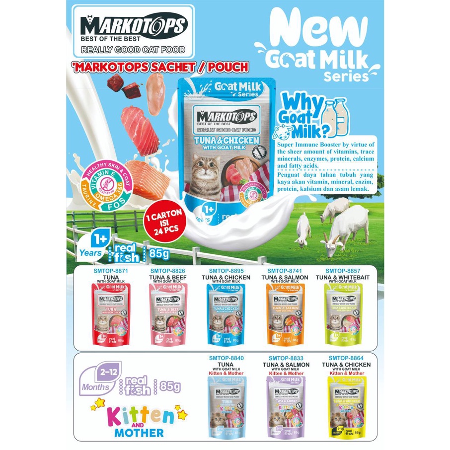 MARKOTOP POUCH 85GR/ GOAT MILK SERIES/ WET FOOD/ MAKANAN BASAH KUCING