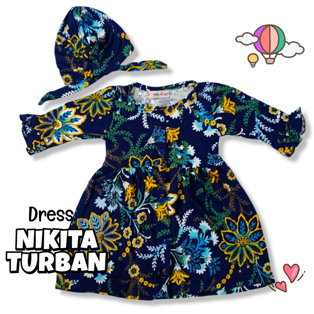 NIKITA 0 - 2 THN DRESS ANAK BAYI PEREMPUAN FREE TURBAN Baju Anak Bayi Perempuan Cewek Dres Baby Girl Nicta Bobo Kids-G DarkNavyFloBluYelw