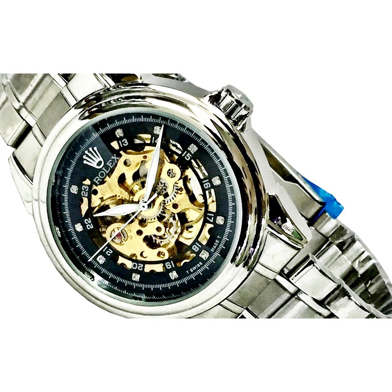 Jam Tangan Pria Skeleton Automatic Rolex Chain Silver