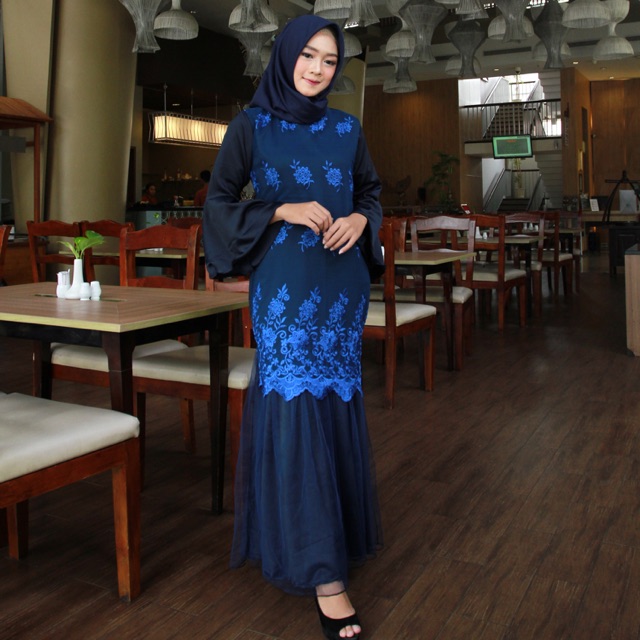 Dress Mermaid Hijab Tulle Brukat Navy Modern Wanita M L XL XXL