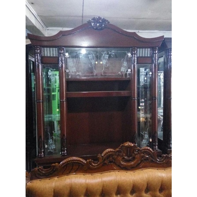 Bufet Lemari Pajangan Tv Kaca Sk 4 Pintu Natural, Bupet Model Gunungan