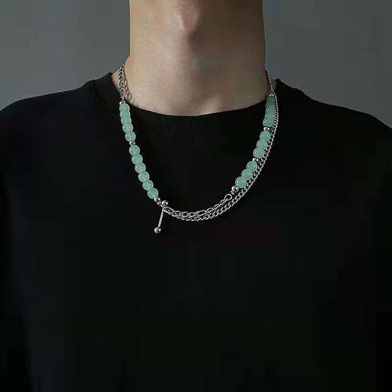 Green Stone Stitching Necklace Accessories Personality Versatile Irregular Clavicle Chain