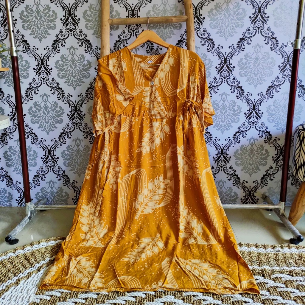 Daster Kimono rayon, Daster Kimono Polos , Daster Kimono Ruffle , Daster Kimono panjang , Homewear , Home Dress , Baju Wanita , Dress Wanita-BLARAK KUNYIT