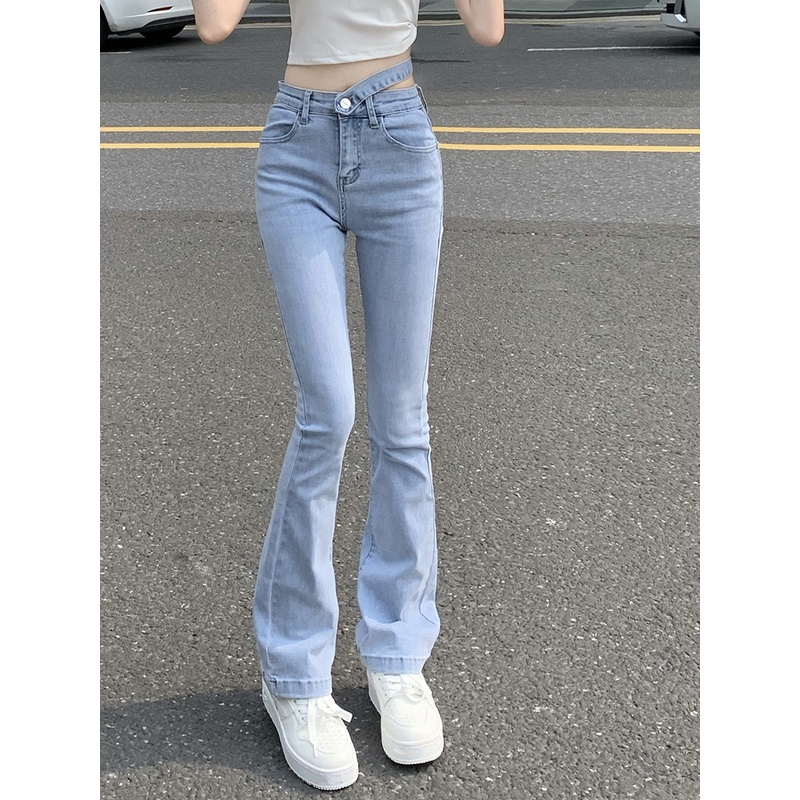 Celana Jeans Gaya Korea Stretch Skinny Jeans Wanita Biru Muda Pinggang Tinggi Slim Fit Slim Berkobar