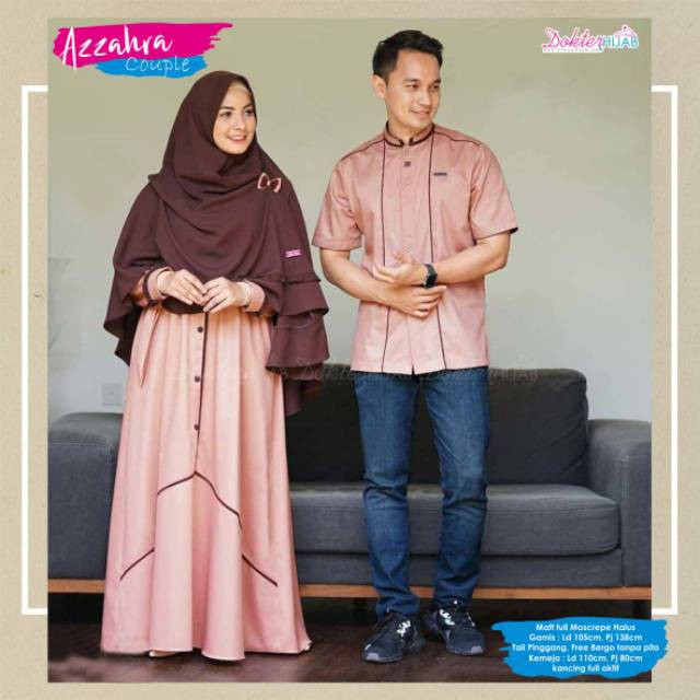 Azzahra Couple Original Dokter Hijab Gamis Syari + Kemeja Longdress Maxi Material Mosscrepe Premium