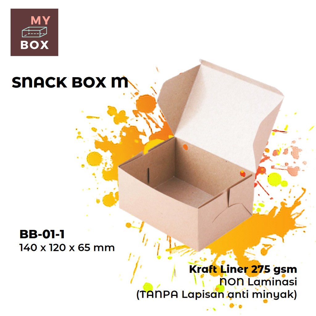 

SNACK BOX DUS KARDUS KOTAK MAKANAN NASI ROTI KUE (M) BB-01-1 uk 14x12x6,5 cm KRAFT 275 gsm NON PE