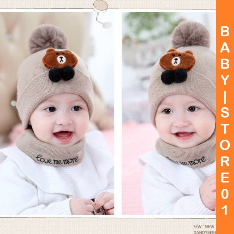 BABY STORE01 - KP107 TOPI KUPLUK RAJUT BAYI TELINGA MOTIF BERUANG COKELAT TANPA SCARF/SYAL