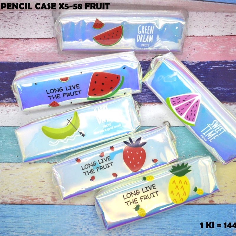

pencil case metalik sleting kotak Mika motif fruit satuan