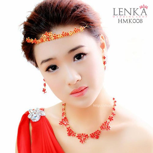 Paket Mahkota Kalung Anting Merah Pengantin l Aksesoris Crown Wedding Lenka - HMK008