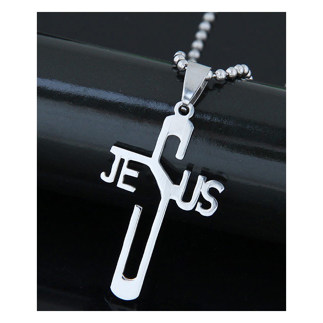 LRC Kalung Pria Trendy Silver Color Jesus Cross Pendant Decorated Simple Necklace