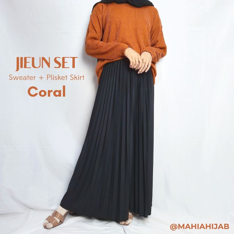 JIEUN SET (Sweater rajut + Rok Plisket) Paket hemat ootd hijab outfit murah