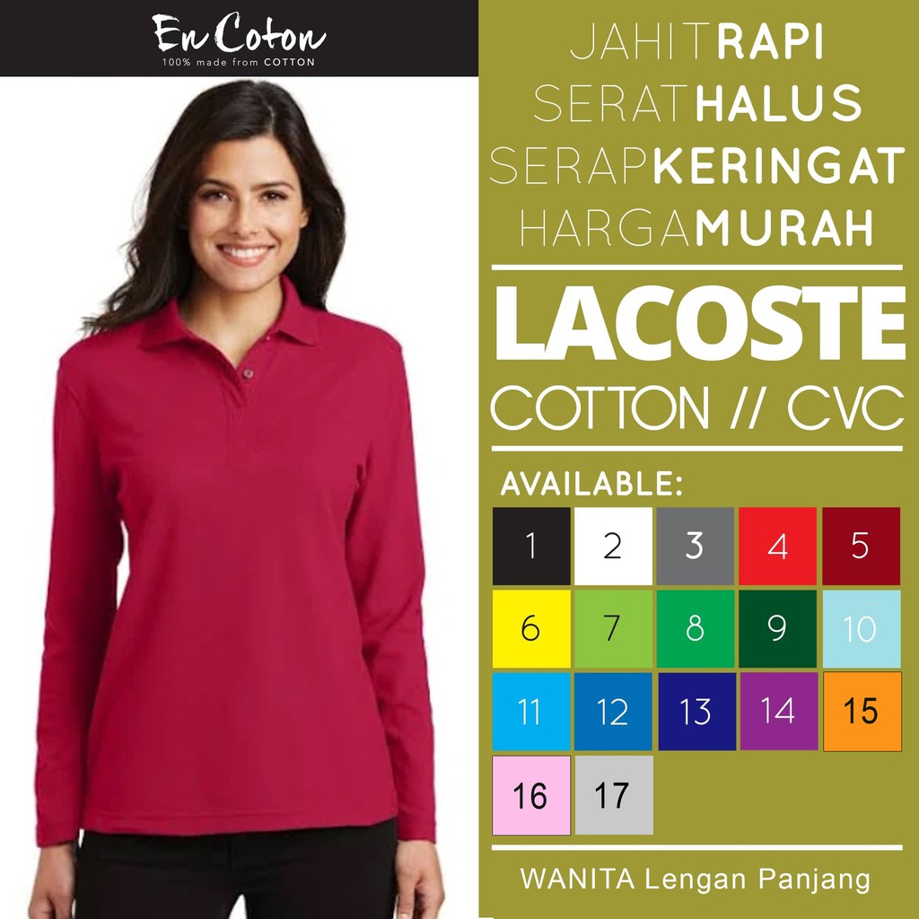  Kaos  Kerah Polo Shirt LENGAN PANJANG WANITA  Lacoste  Katun 