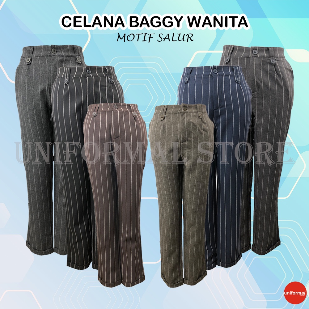 Celana Bahan Wanita, Celana Baggy, Celana Baggy Motif Salur, Celana Tartan Wanita, Pinggang karet Warna Lengkap M dan XL Celana Murah Motif