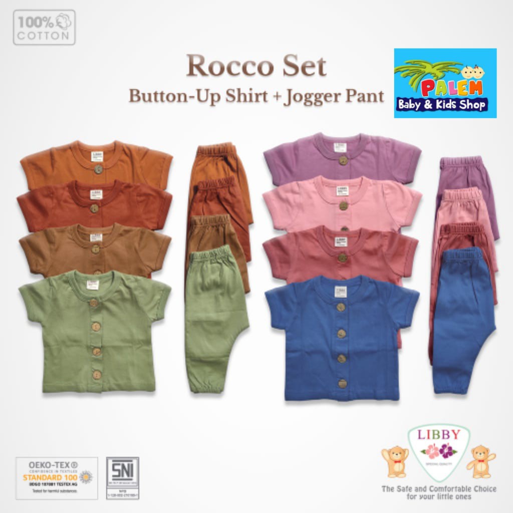 terbaru libby earth series rocco set button shirt jogger pants setelan baju anak unisex 0-2 tahun