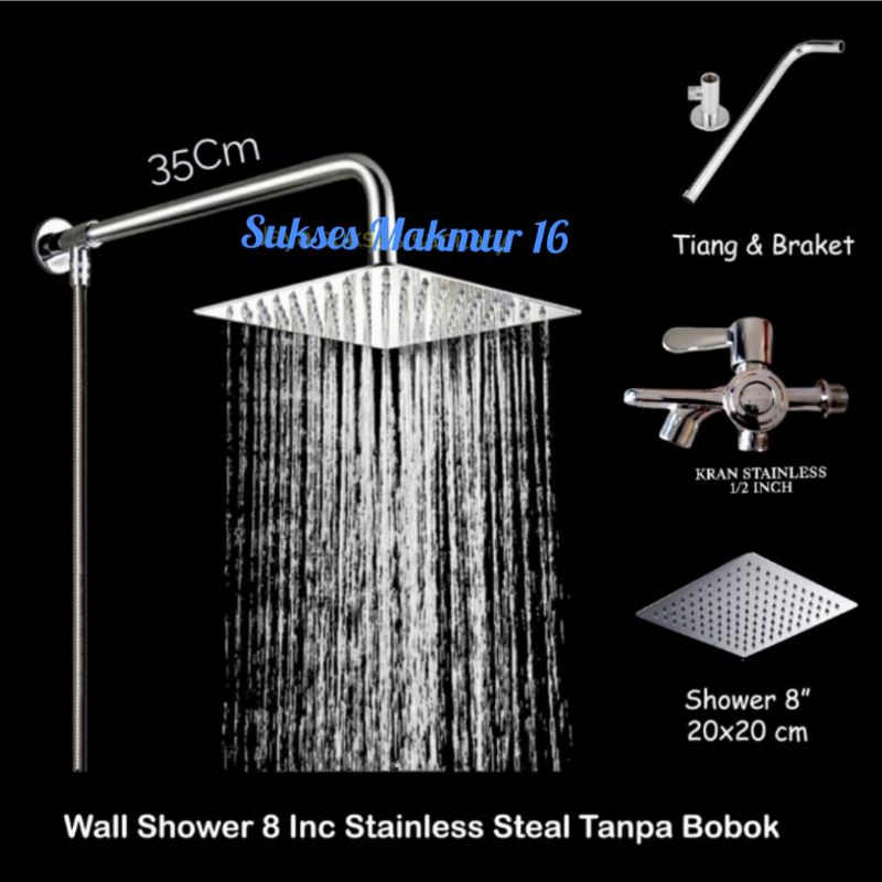 Shower Kamar Mandi Rainfall 8 inch Stainless Satu Set / Shower mandi Tanpa Bobok Gratis Kran Cabang 1/2inch