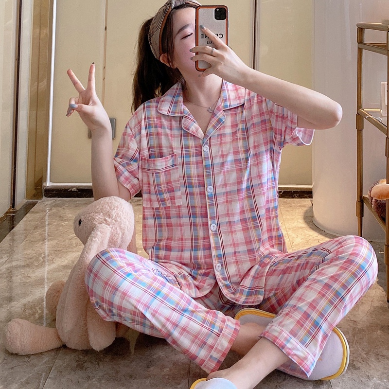 Baju Tidur Wanita Dewasa Piyama Set Kekinian Model Kemeja CP Kotak Series Import-KotakPinkBiru