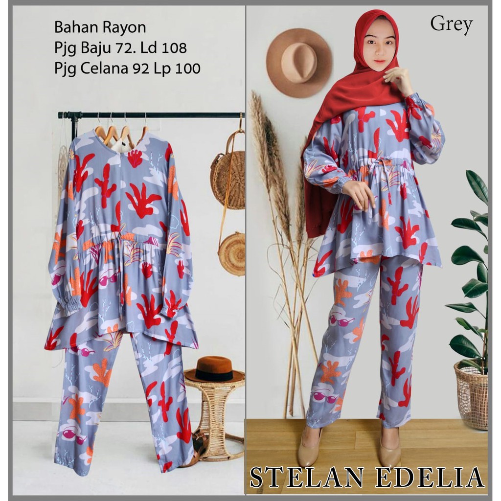 Arnis Edelia Stelan Gamis Rayon Motif Pantai Busui Wudhu Friendly Celana Panjang Maxi Dress COD