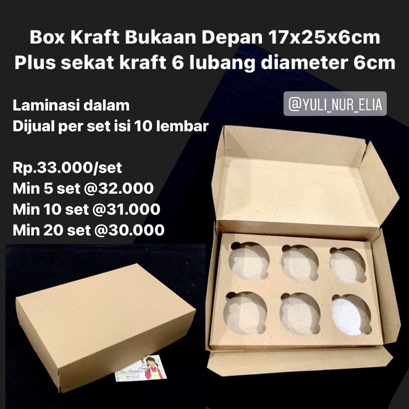 

Box Kraft Bukaan Depan 17x25x6cm Plus sekat kraft 6 lubang Diameter 6cm (DIJUAL 10 LEMBAR)