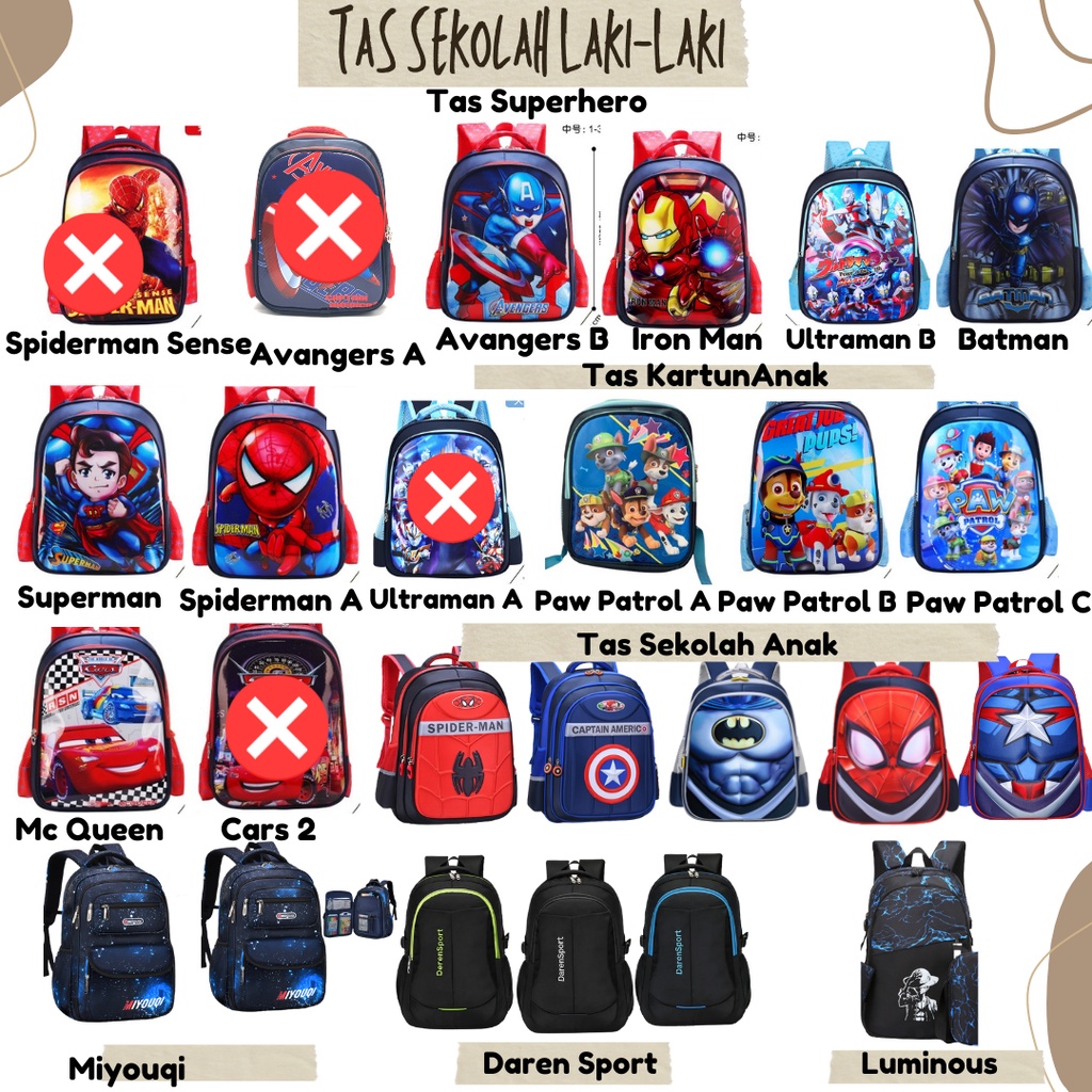 Tas Ransel Anak Sekolah Laki Laki Tas Karakter Superhero Tas Spiderman Tas Captain America Tas Mc Queen Tas Paw Patrol Tas Avangers Tas Ultraman Tas Batman Tas Sekolah Big SD TK Tas Ransel Sekolah