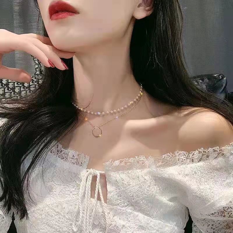 FerenHongXia Kalung Multilayer Korea Mutiara Liontin O Ring Double Layer Dua Lapis