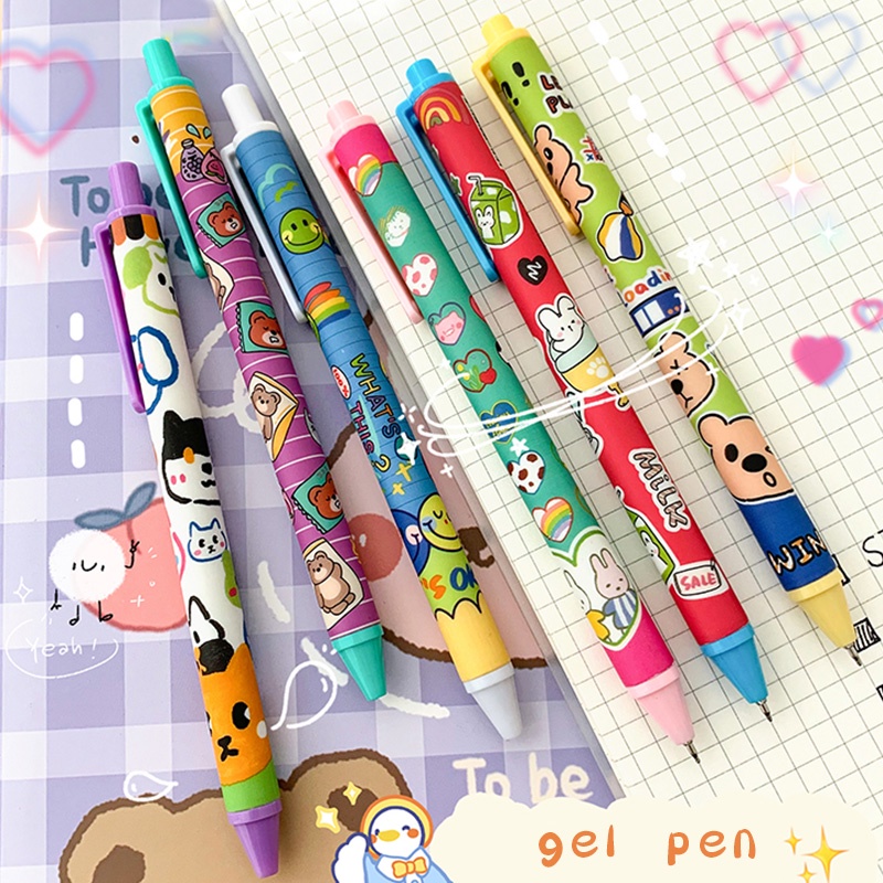 6pcs Pulpen Gel Tinta Hitam 0.5mm Retractable Motif Graffiti Warna-Warni
