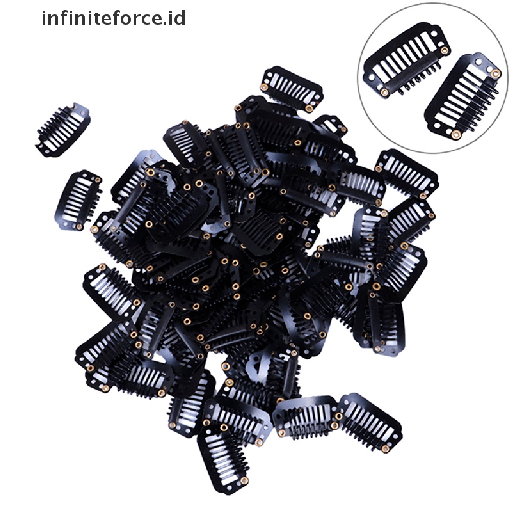 (Infiniteforce.Id) 10 / 100pcs Klip Snap Wig / Rambut Palsu 8 Gigi Bahan Karet Warna Hitam