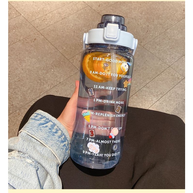 ((READY)) BAKUL UNIK - YIBEN Botol minum pastel jumbo 2L seperti Quifit / botol transparant bening tumbler 2 liter-Biru bening