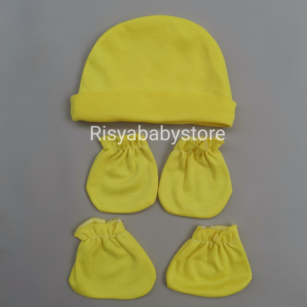 Topi set sarung tangan kaki bayi warna polos new born | Risyababy collection