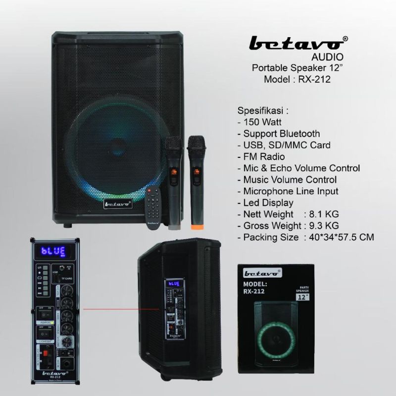 Speaker portable bluetooth betavo rx212 rx 212 12inch bluetooth usb original