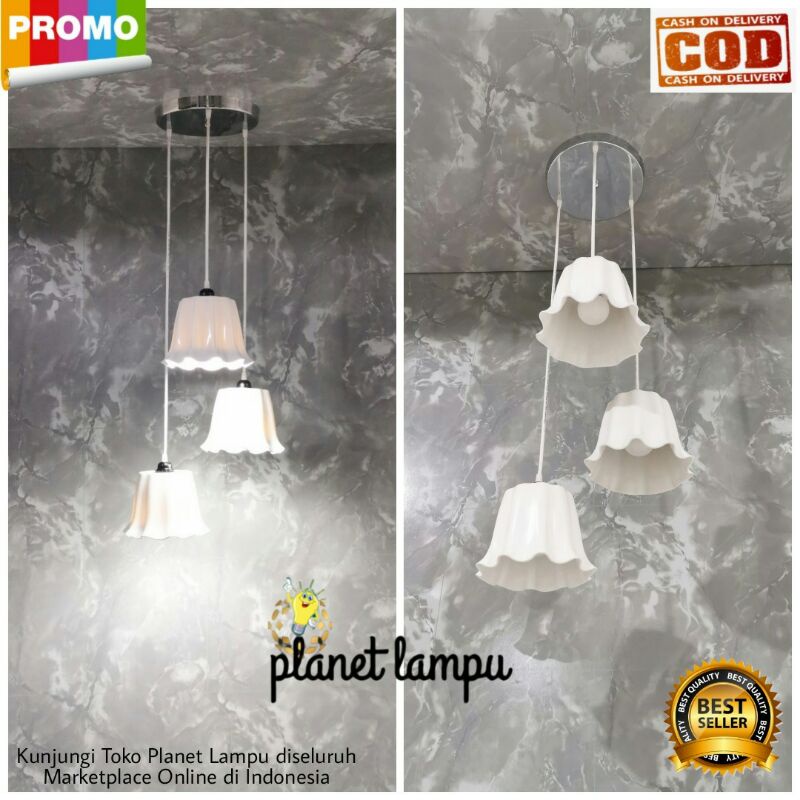 KAP LAMPU GANTUNG HIAS 3 IN 1 BUNGA PUTIH MINIMALIS DEKORASI RUMAH RUANG TAMU CAFE PLAFON VINTAGE MO