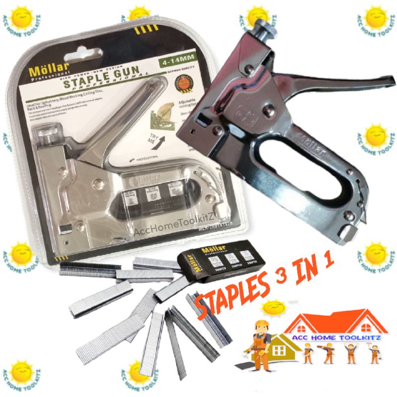 Staples Tembak 4-14MM Staple Gun Professional MOLLAR 3 in 1 / Stapler Jok Motor Kulit 3 Way / Staples Tacker Hekter Tukang Kerajinan Kayu Kursi Sofa Kasur Meja Lemari Spanduk Papan Bunga