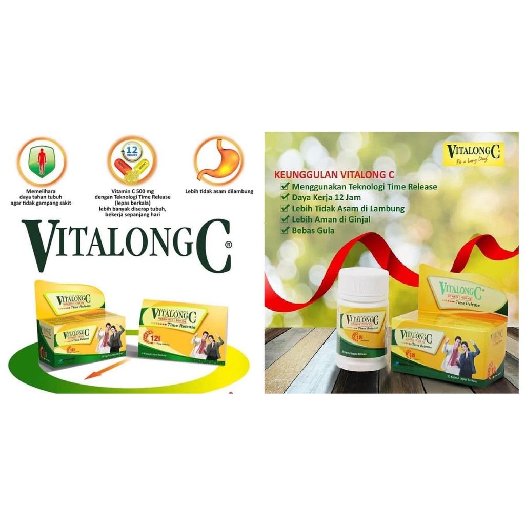 Original!! Vitalong C Botol Isi 30 Kapsul Vitamin C Aman di Lambung Tahan Lama 12 Jam Timed Release