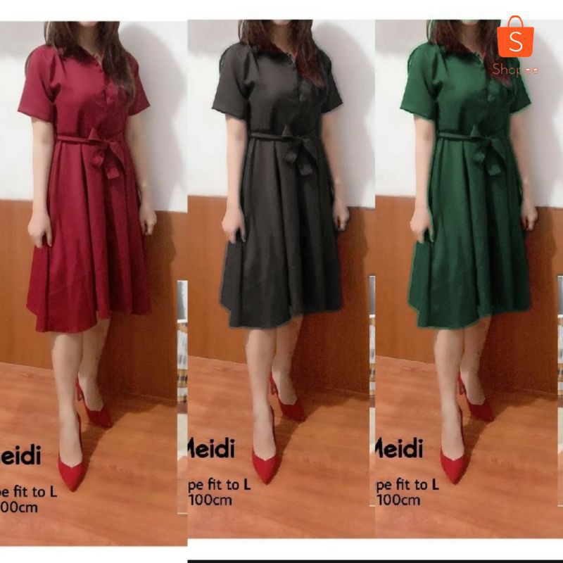 Midi Dress Polos Meidi | Kasual Dress Santai | Pakaian Wanita Kekinian | Baju Perempuan Kekinian