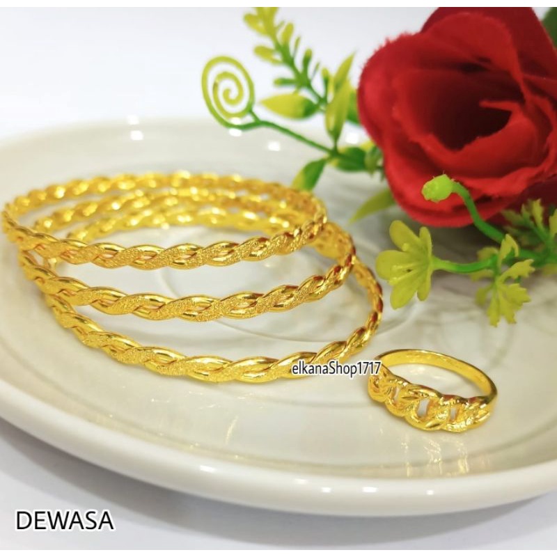 SET GELANG KRONCONG+CINCIN DUBAY 24K ANTI KARAT EMAS HONGKONG