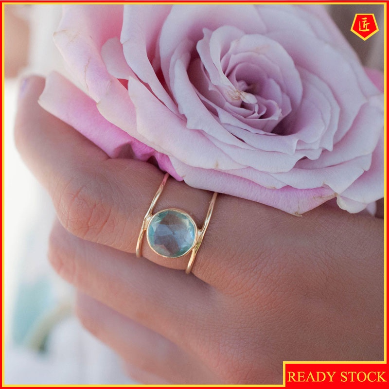 [Ready Stock]Simple Elegant Sea Blue Topaz round Diamond Ring 18K Gold