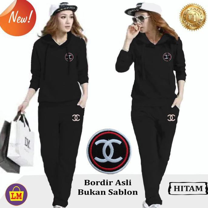 setelan wanita korea✨ LM 10459 Baju Setelan Olahraga, Senam, Training Wanita Korea Hodie - Hitam,