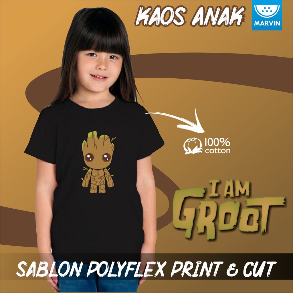 Kaos Anak Groot Marvel Comic Sablon Polyflex pod print on demand satuan new states apparel