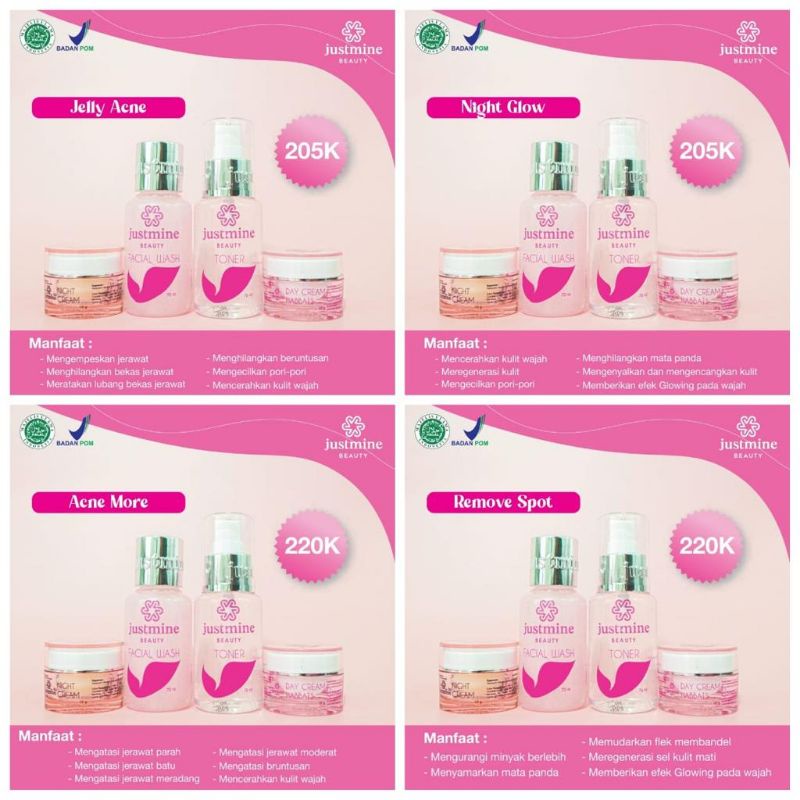 Paket Justmine Beauty - Paket 4 Item - Paket Hemat Justmine - SKINCARE JUSTMINE BEAUTY - ORI - COD