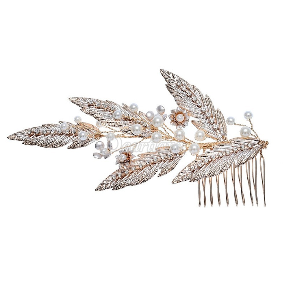 Fashion Pearl Leaf Bridal Comb Wedding Party Golden Accessories European and American Headdress Original Handmade Comb