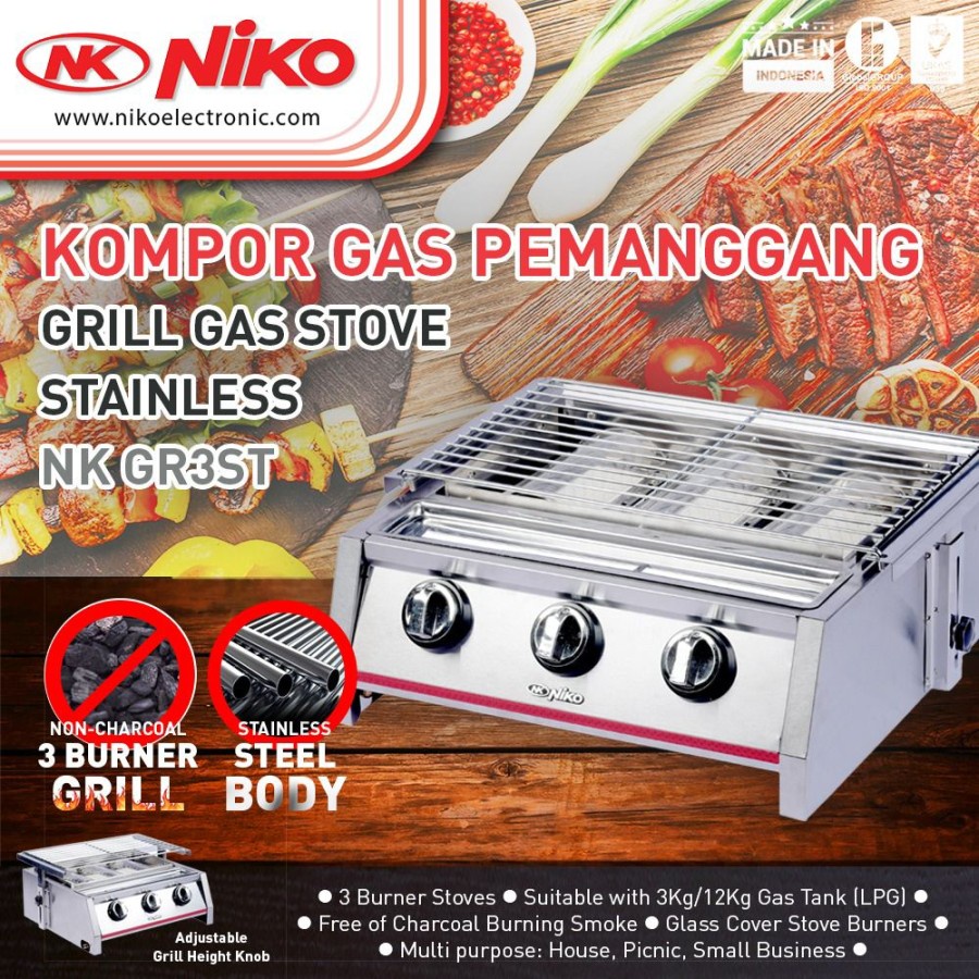 Niko Kompor Gas Pemanggang NK-GR3 Gas Grill Stove NKGR3 BBQ Grill 3 Tungku NK GR3