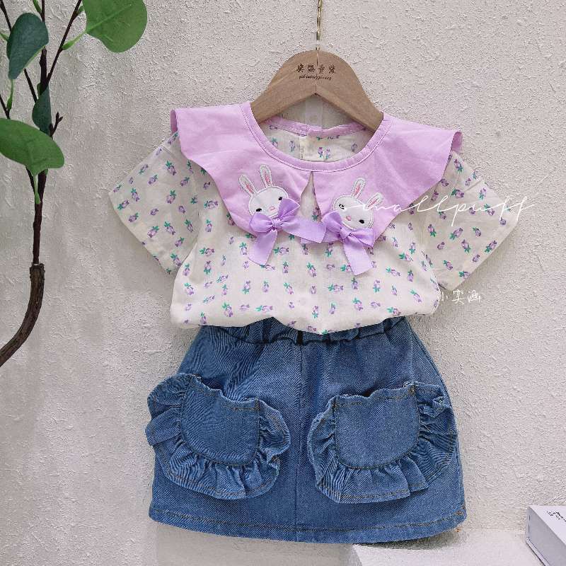 setelan rok jeans kelinci anak perempuan 1-5tahun import/ atasan kemeja bawahan rok Baju setelan ana