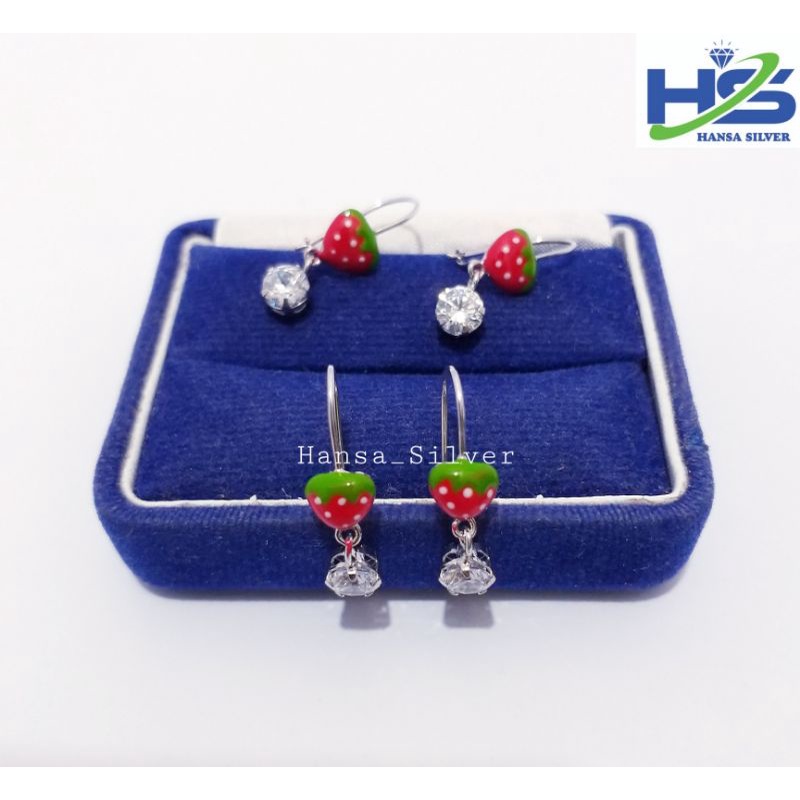 Anting Perak Anak Silver 925 Lapis Emas Putih Model Stroberi Gantungan Desi