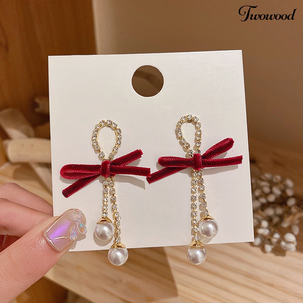 Twowood 1 Pair Dangle Earrings Bow Faux Pearls Women Shiny Rhinestones Tassels Stud Earrings for Dating