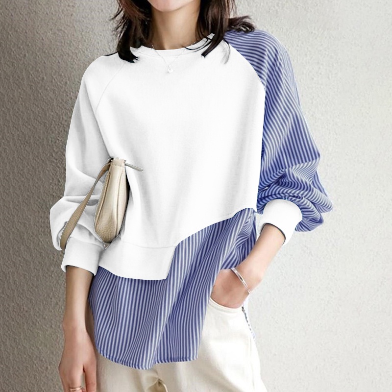 ZANZEA Women Office Loose Stripe Patchwork Top Holiday Casual Retro Long Sleeved Shirt Blouse