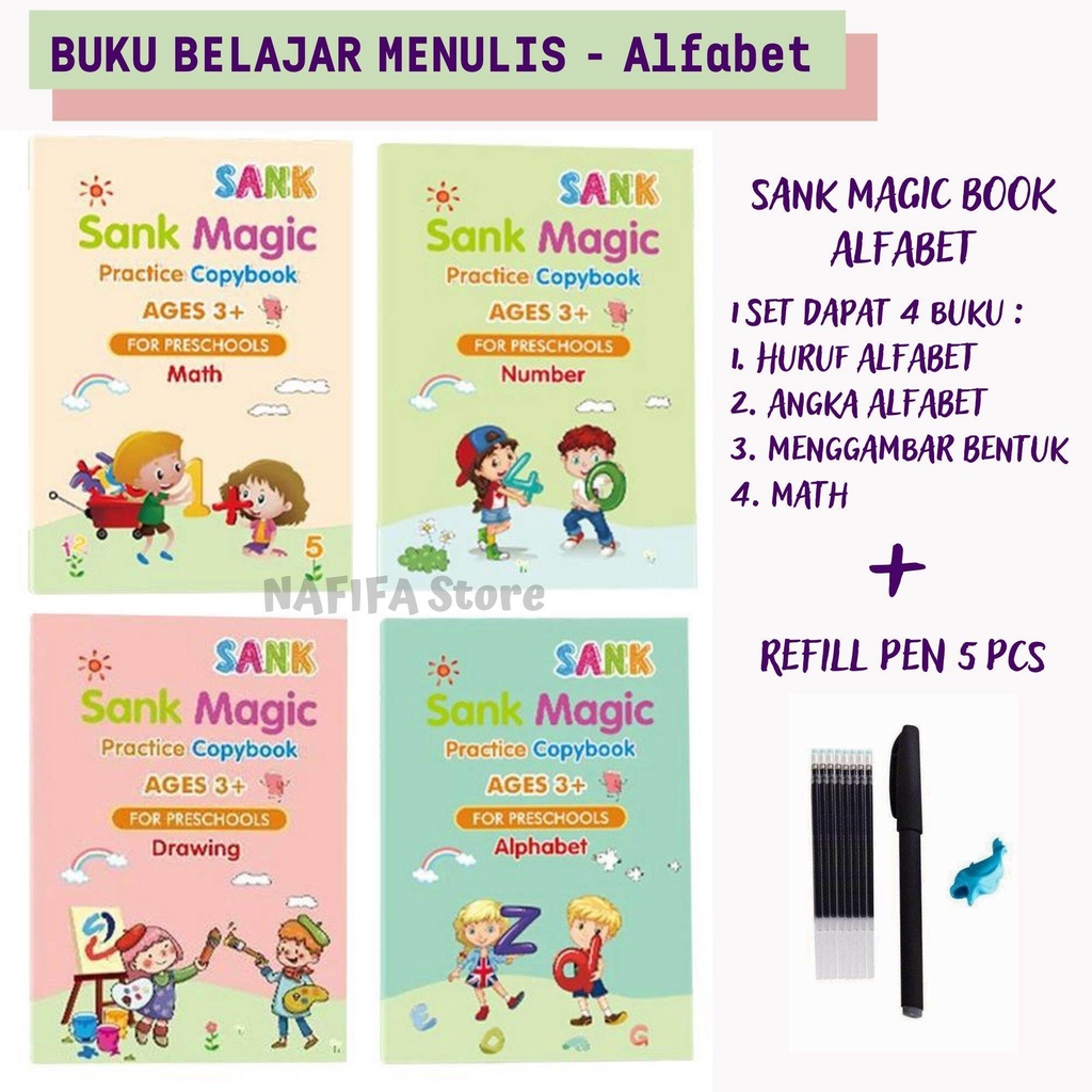 (COD) FREE REFILL TINTA 5 PCS !!! 4 in1 Sank Magic Practice Book /Buku Panduan Belajar TK / Buku Belajar Menulis TK 1 SET ISI 4 BUKU + PULPEN Copybook Kid's English Learning Calligraphy