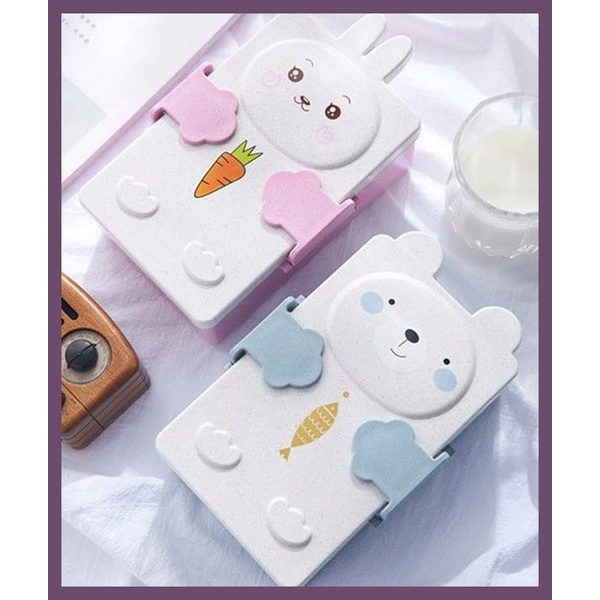 Mikusoo Kotak Bekal Makan Anak Tempat Makan Anak 2 Sekat  Lunch Box Rabbit Bear Motif Kelinci Beruang