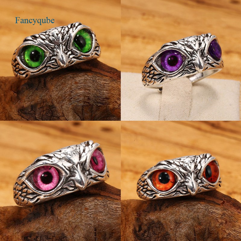 Fancyqube Retro Cute Simple Design Owl Ring Multicolor Eyes Silver Color Men Women Engagement Wedding Rings Jewelry Gifts