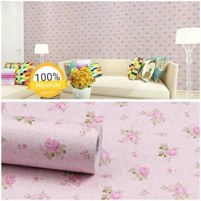 Wallpaper stiker dinding motif bunga kecil dasar pink